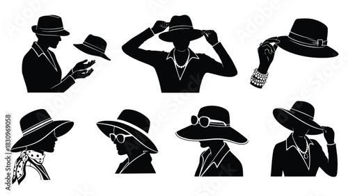 Flat vector illustration of elegant women's silhouettes wearing, adjusting, and holding various stylish hats,, isolated on white background