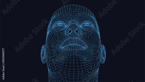 Three dimensional wireframe grid of a human head looking upwards.