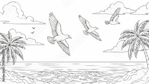 Soaring seagulls gracefully navigate the open sky above the ocean.