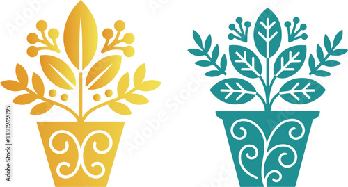 Stylized potted plants in yellow and teal colors with decorative pots