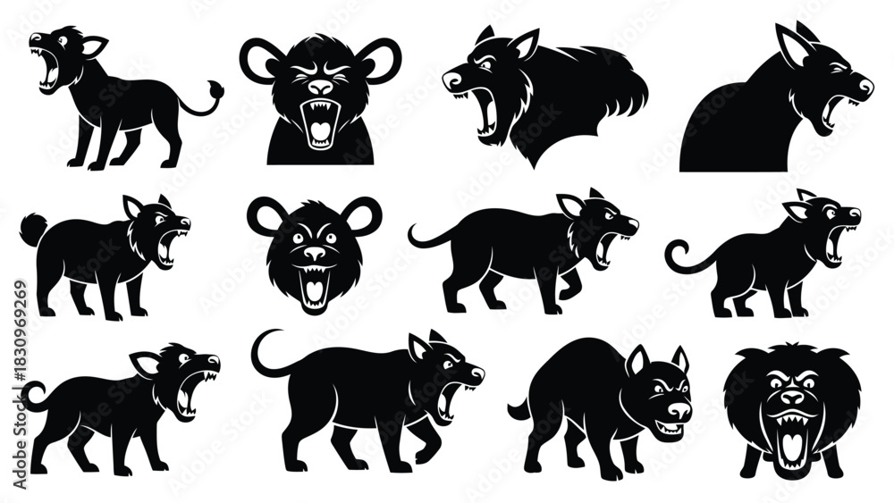 Naklejka premium Fierce aggressive wild animals roaring and snarling, displaying sharp teeth in various dynamic poses, a flat vector, isolated on white background