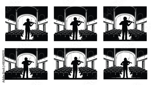 Flat vector illustration of a musician silhouette playing violin on stage in an empty concert hall with rows of seats, isolated on white background