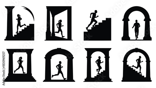 Flat vector illustration of diverse runner silhouettes navigating architectural arches and stairs, symbolizing, isolated on white background