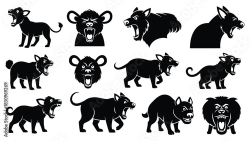 Fierce aggressive wild animals roaring and snarling, displaying sharp teeth in various dynamic poses, a flat vector, isolated on white background