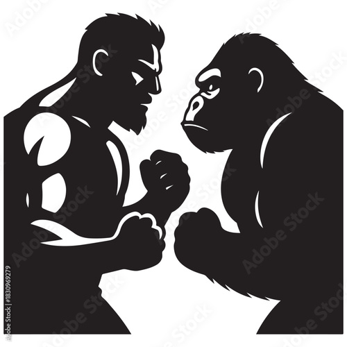 Two primates face off, fists raised, tension high.