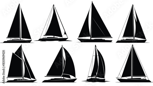 Collection of elegant black sailboat silhouettes in various modern designs for nautical and marine themed projects,, isolated on white background