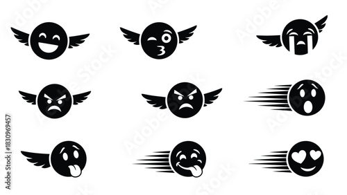 Flat vector black emojis with wings and speed lines, depicting various emotions like happiness, anger, crying,, isolated on white background