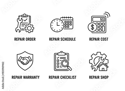 Repair Shop Repair Order Repair Schedule Repair Cost Repair Warranty Repair Check Icon Set
