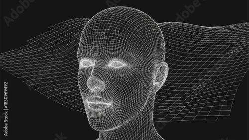 Digital human head with wireframe structure and glowing eyes.