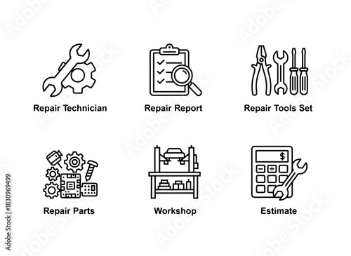 Repair Technician Repair Report Repair Tools Set Repair Parts Repair Workshop Repair Service Icon Set