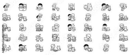 Adorable Cat and Child Illustrations Collection Keywords: cat, kitten, child, boy, girl