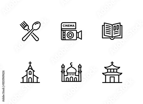 Restaurant Cinema Library Church Mosque Temple Minimal Bold Line Icon Set