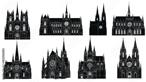 Eight distinct gothic cathedral silhouettes, featuring intricate architectural details, towering spires, and prominent, isolated on white background