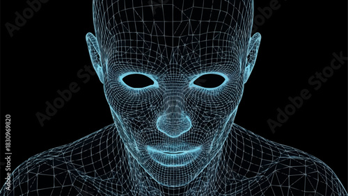 Futuristic digital human head made of a glowing blue wireframe mesh.