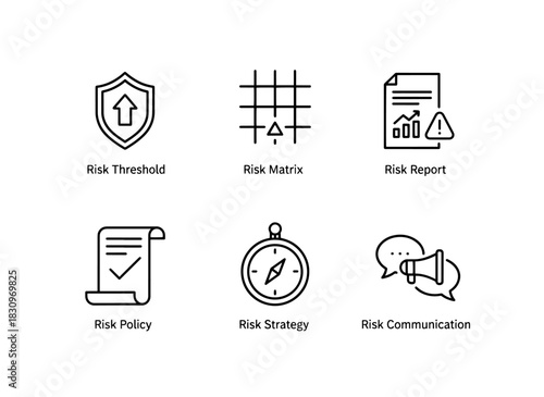 Risk Threshold Risk Matrix Risk Report Risk Policy Risk Strategy Risk Communication Icon Set