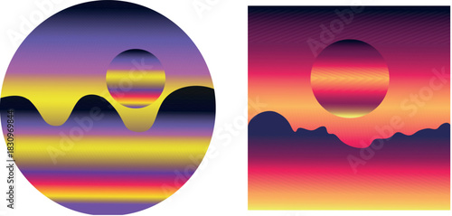 Vintage 80s Retro Sunset Circle Vector Illustration Featuring a Circular Horizon Over the Sea with Vibrant Navy, Maroon, Red, Yellow, and Purple Gradient Tones, Neon Glow Effects, Star Accents, and Sy