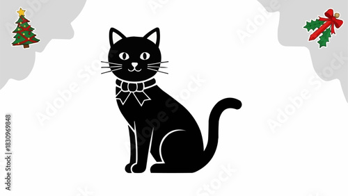 Elegant black cat with a bow sitting gracefully, looking forward.