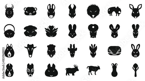 Diverse collection of minimalist black flat vector animal and creature head silhouettes, featuring various wildlife, isolated on white background