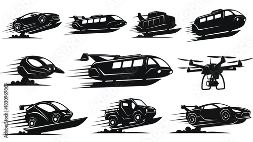 Collection of dynamic black silhouette vector icons depicting various futuristic fast moving vehicles, including sleek, isolated on white background