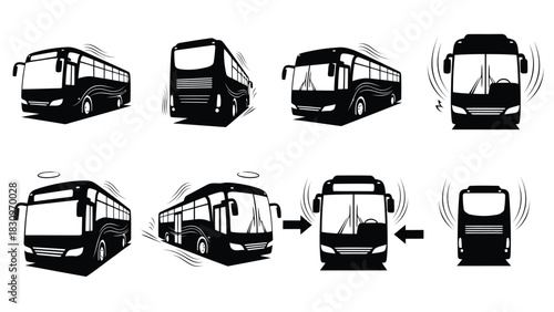 Flat vector illustration of modern passenger buses from various angles, with motion lines and directional arrows,, isolated on white background