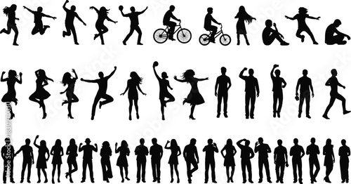 Human silhouette poses collection, running, jumping, dancing, sitting, gesturing, casual standing, expressive movement illustration, body language study, flat vector