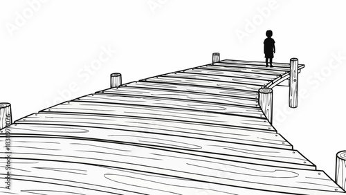 Silhouette of a lone person standing on a wooden pier.