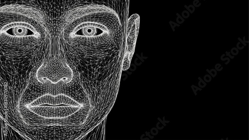 Wireframe Human Face Digital Representation of Artificial Intelligence and Technology.