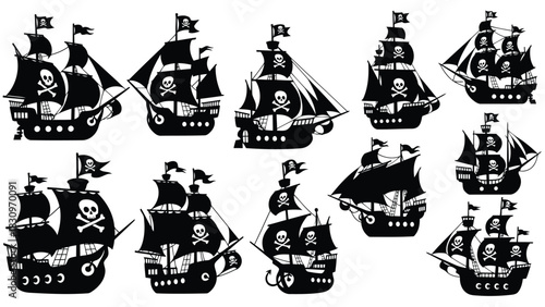 Black silhouette pirate ships collection featuring skull and crossbones flags on masts and sails, presented as a clean, isolated on white background