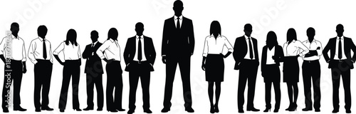 Business team silhouette lineup, corporate professionals standing, leadership concept, teamwork structure, office staff illustration, hierarchy symbol, flat vector