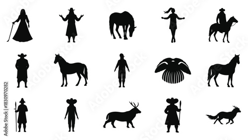 Comprehensive collection of black silhouette vector icons featuring diverse people, horses, and wild animals, presented, isolated on white background