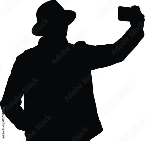 silhouette of man clicking his selfie with a mobile phone 