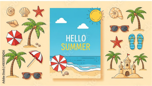 A colorful collection of hand-drawn summer vacation icons and beach elements