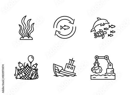 Seaweed Ocean Current Marine Wildlife Marine Pollution Shipwreck Marine Salvage Icon Set