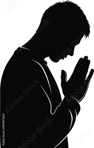 silhouette of a young man asking for forgiveness by holding his hands together
