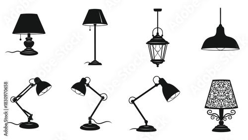 Diverse black silhouette lamps and lighting fixtures, featuring table, floor, pendant, and desk styles, a flat vector, isolated on white background