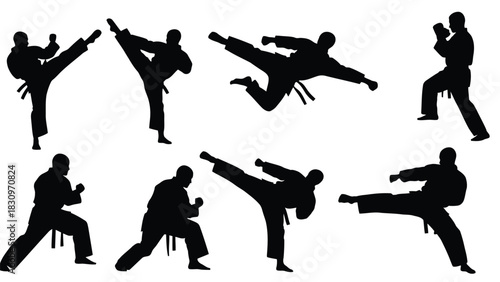 Dynamic flat vector silhouettes of martial arts practitioners performing various powerful kicking and punching moves,, isolated on white background