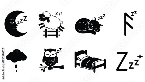 Flat vector icons for sleep and bedtime: crescent moon, jumping sheep, sleeping cat, resting owl, bed, rain cloud, and, isolated on white background