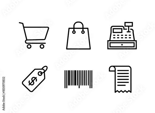 Shopping Cart Shopping Bag Cash Register Price Tag Barcode Receipt Minimal Bold Line Icon Set