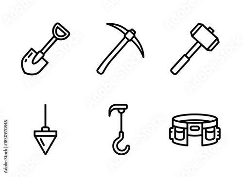 Shovel Pickaxe Sledgehammer Plumb Bob Ladder Hook Tool Belt Minimal Bold Line Icon Set