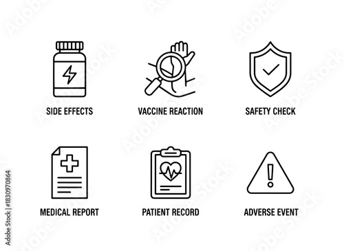 Side Effects Vaccine Reaction Safety Check Medical Report Patient Record Icon Set