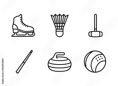 Skating Blades Badminton Shuttlecock Polo Mallet Billiards Cue Curling Stone Minimal Bold Line Icon Set