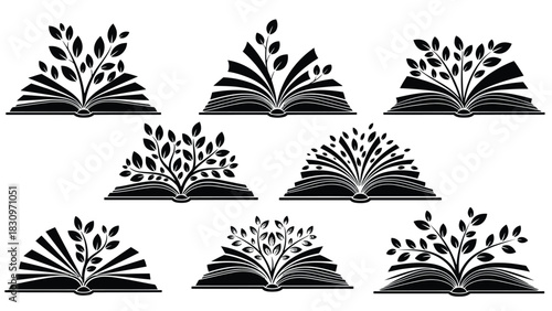 Diverse set of black flat vector illustrations depicting open books with flourishing branches and leaves emerging from, isolated on white background