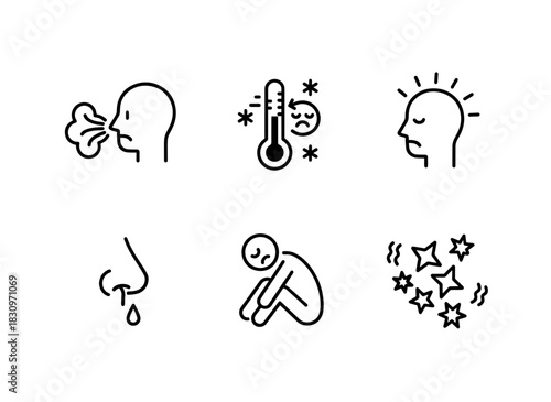 Sneezing Cold Symptoms Headache Runny Nose Fatigue Chills Minimal Bold Line Icon Set