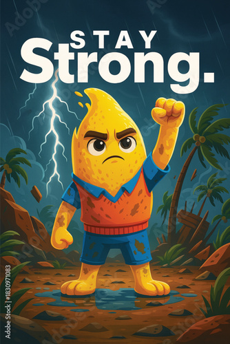 "Stay Strong" Motivational Poster Vector with Cartoon Character Mascot Standing Firm in a Tropical Storm Against Adversity, Symbolizing Resilience and Hope.