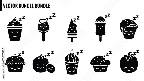 Charming set of flat vector glyph icons depicting various sleeping food and drink characters, symbolizing peaceful, isolated on white background