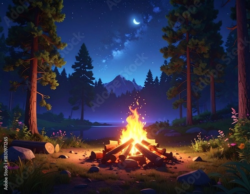 Campfire glows warmly in a forest clearing near a lake under a starry night sky with a crescent moon
