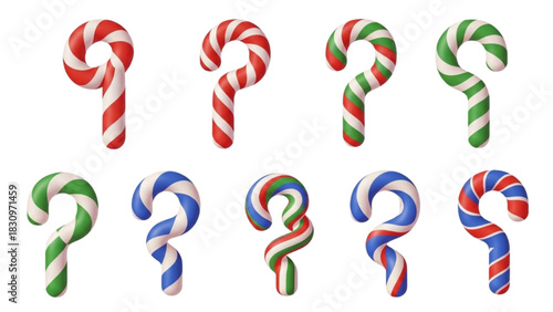 Set of colorful candy canes shaped like question marks for holiday season queries and Christmas riddles