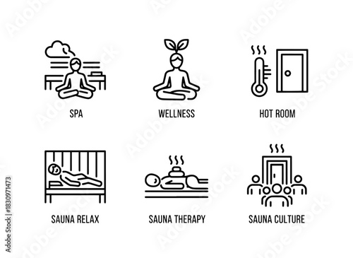 Spa Wellness Hot Room Sauna Relax Sauna Therapy Sauna Culture Minimal Bold Line Icon Set