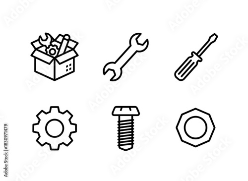 Spare Parts Wrench Screwdriver Gear Bolt Nut Minimal Bold Line Icon Set