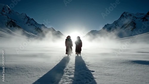 Two Figures In Red Robes Walking Across A Snowy Landscape Towards A Bright Sun With Dramatic Mountain Peaks In The Background And Wisps Of Snow Blowing In The Wind